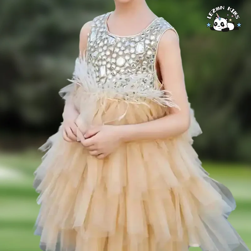 LEZONKIDS - 2024 New Fashion Summer Sleeveless Princess Cake Dress for Children Soft Feather Tutu Dress for 6 Year Olds